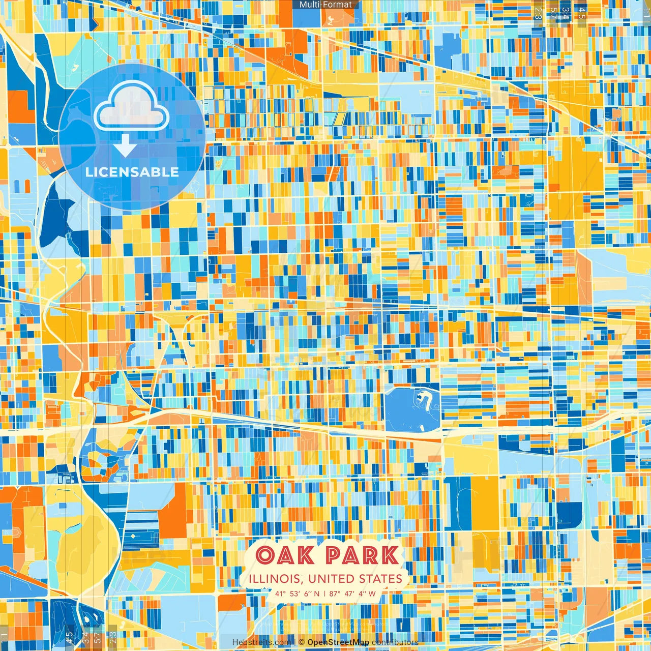 Oak Park, Illinois, United States blue and orange vector art map template