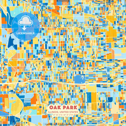 Oak Park, Illinois, United States blue and orange vector art map template