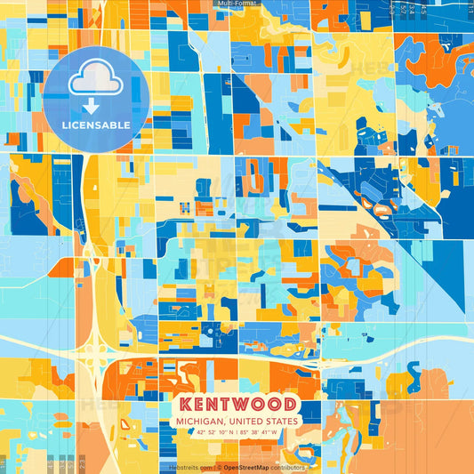Kentwood, Michigan, United States blue and orange vector art map template