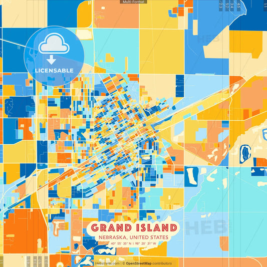 Grand Island, Nebraska, United States blue and orange vector art map template