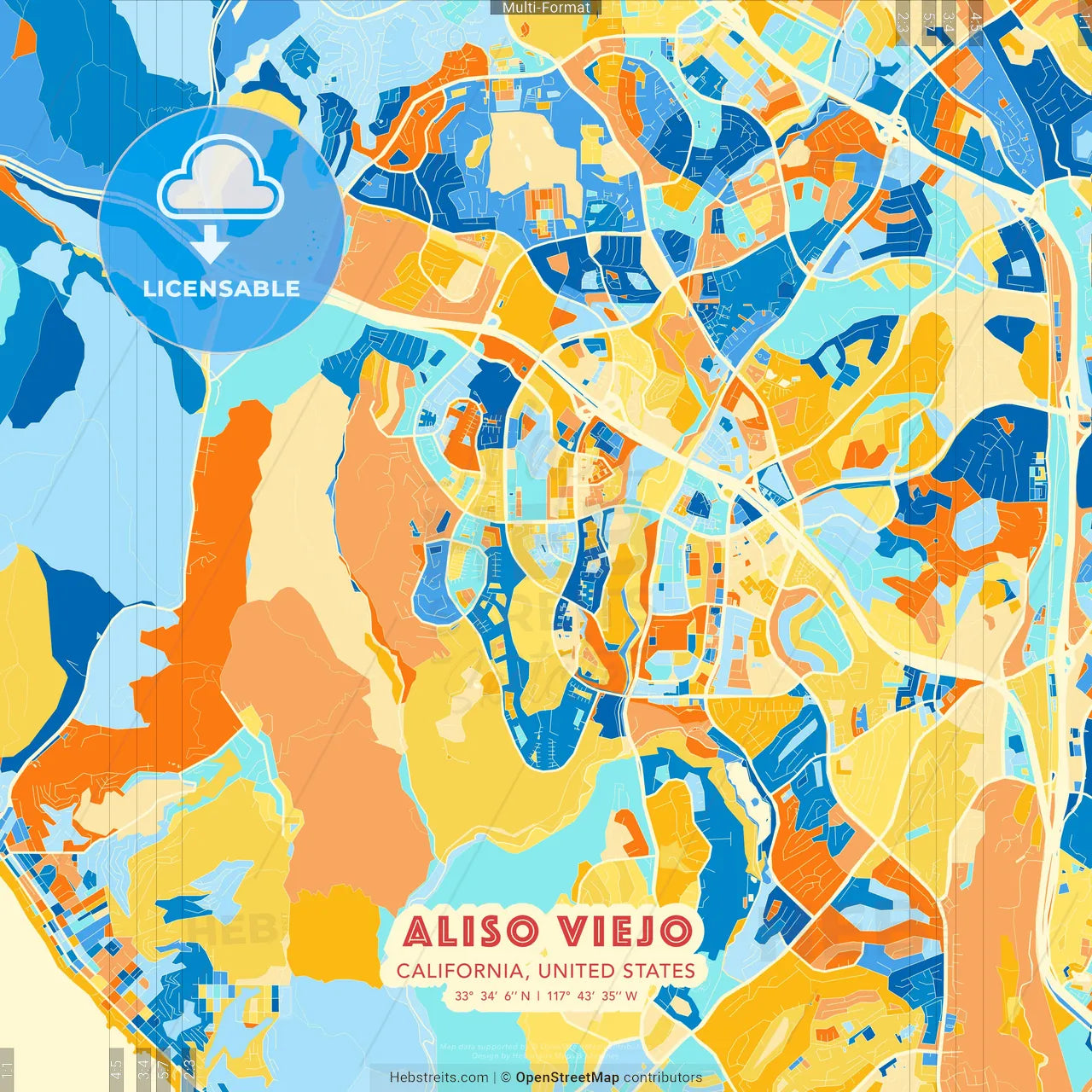 Aliso Viejo, California, United States blue and orange vector art map template