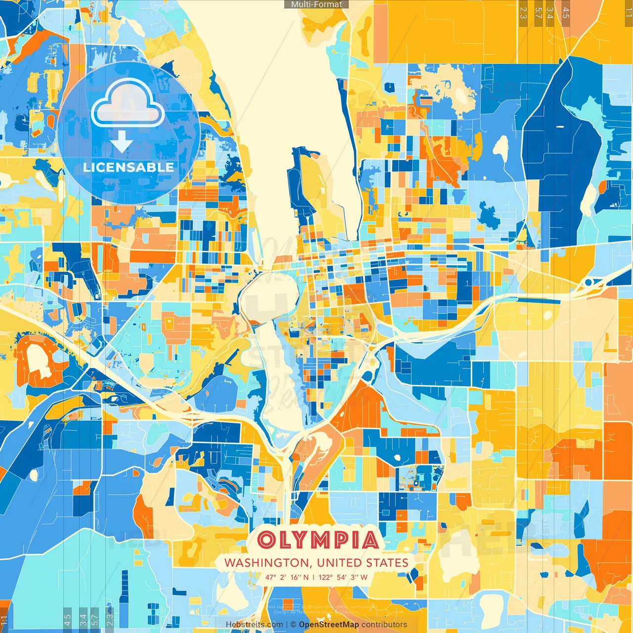Olympia, Washington, United States blue and orange vector art map template