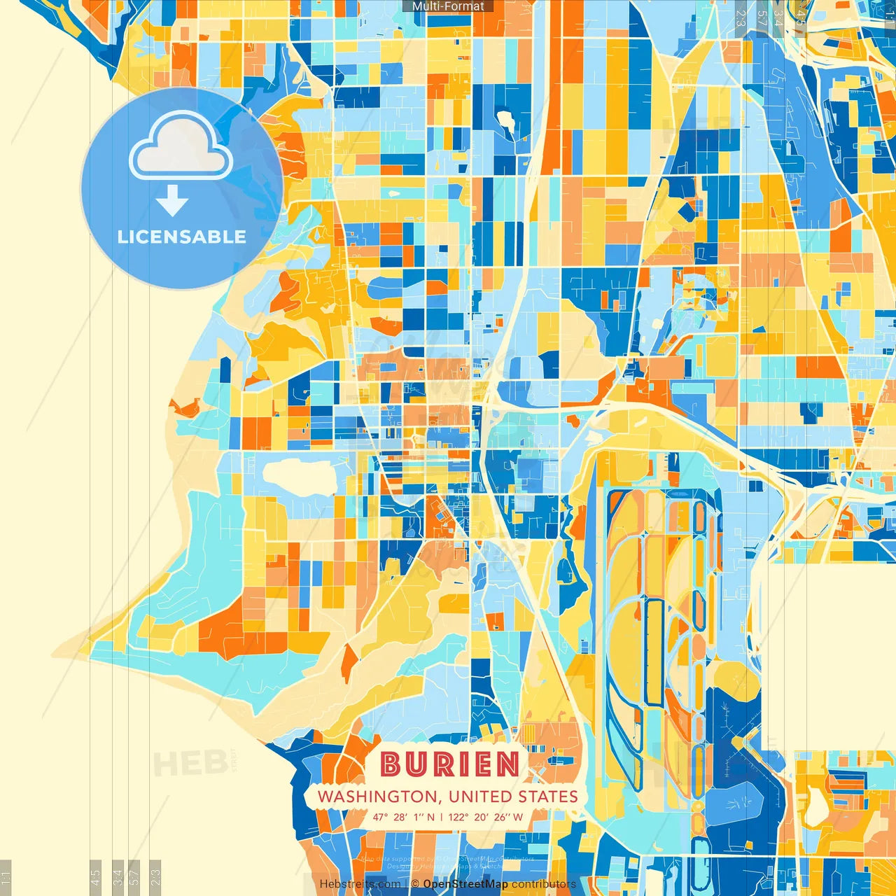 Burien, Washington, United States blue and orange vector art map template