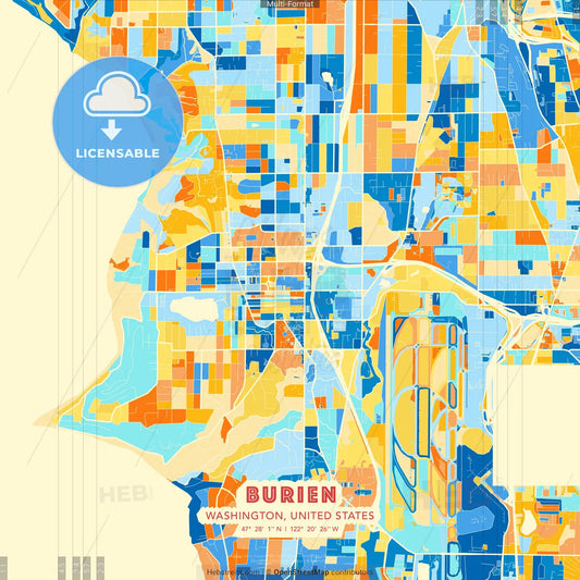 Burien, Washington, United States blue and orange vector art map template