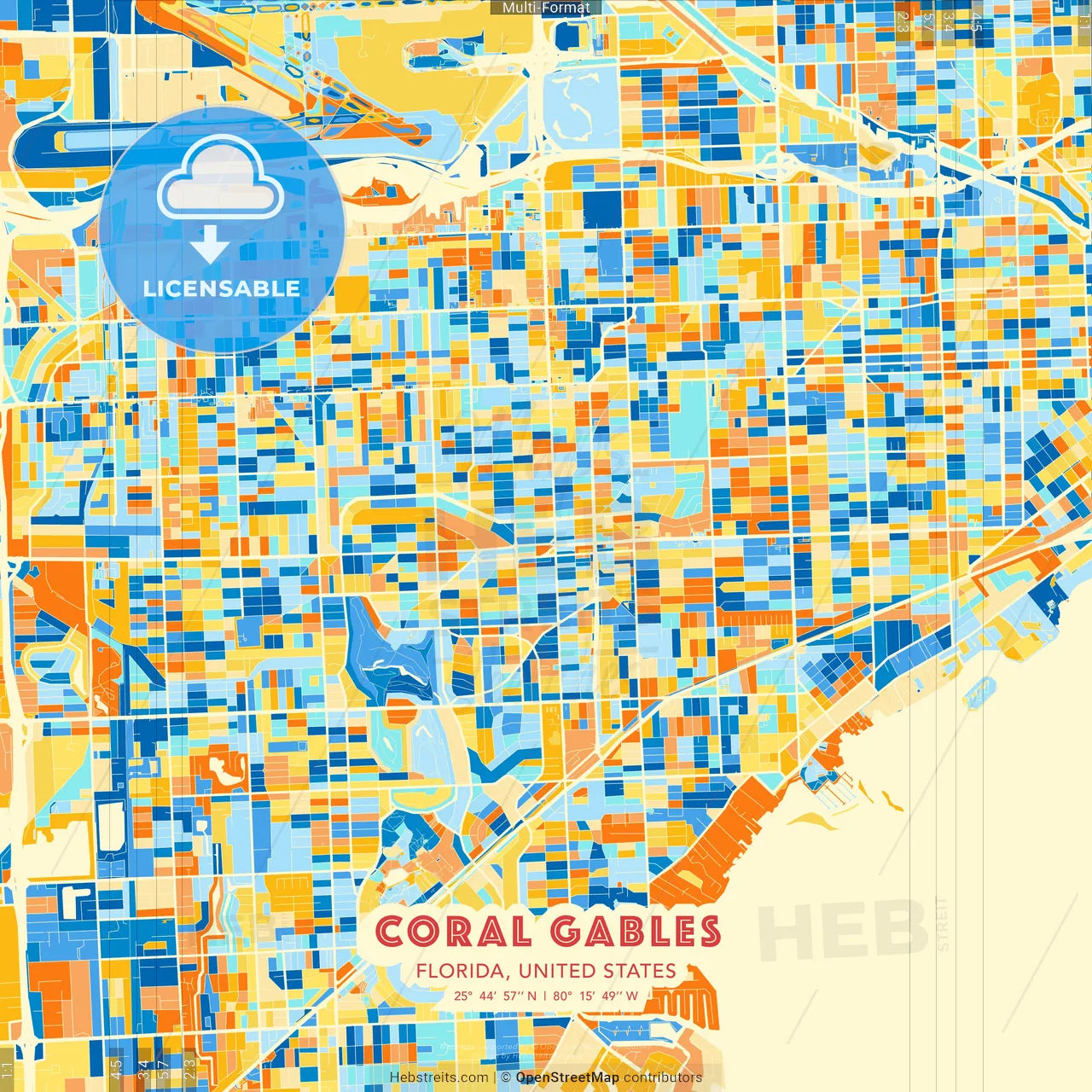 Coral Gables, Florida, United States blue and orange vector art map template