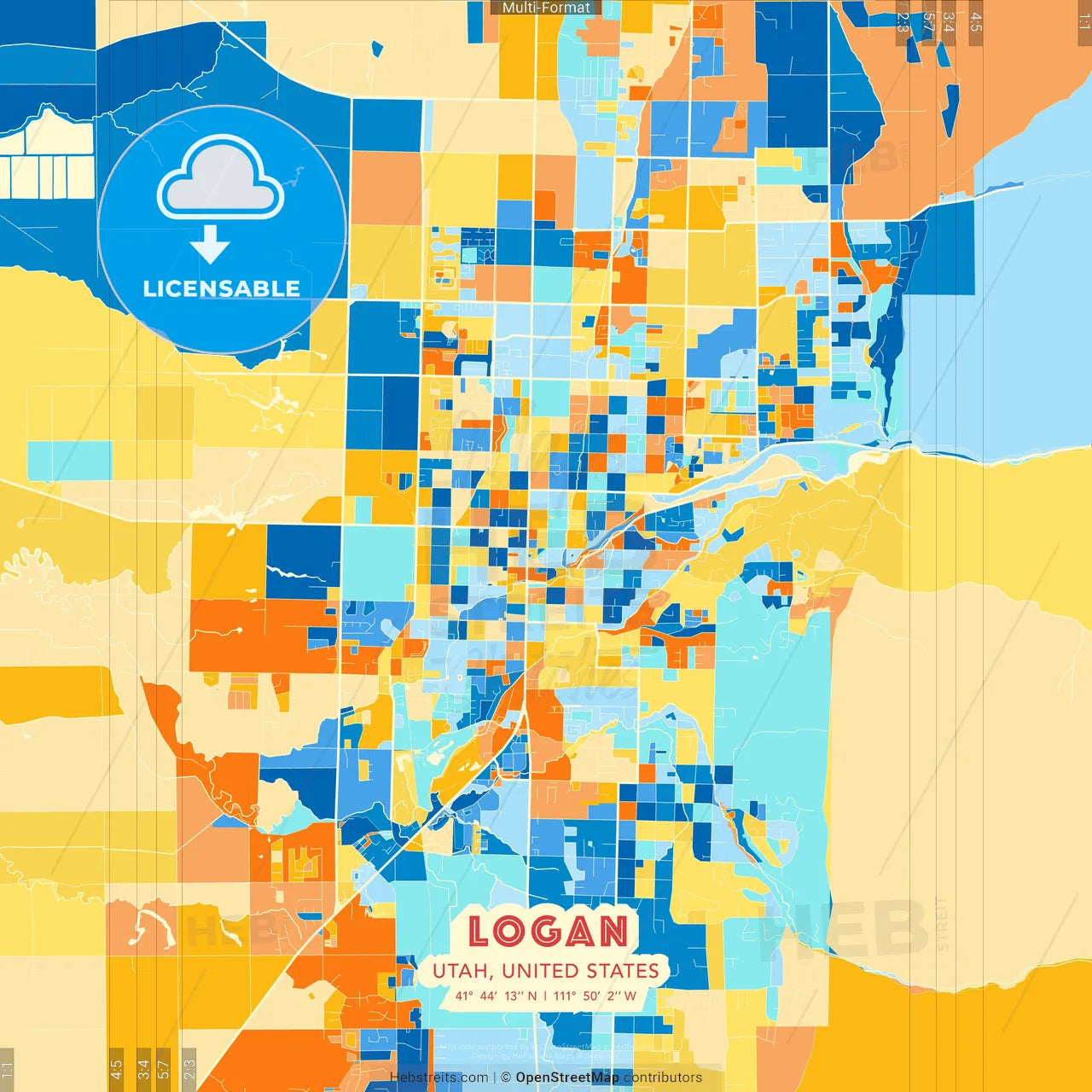 Logan, Utah, United States blue and orange vector art map template