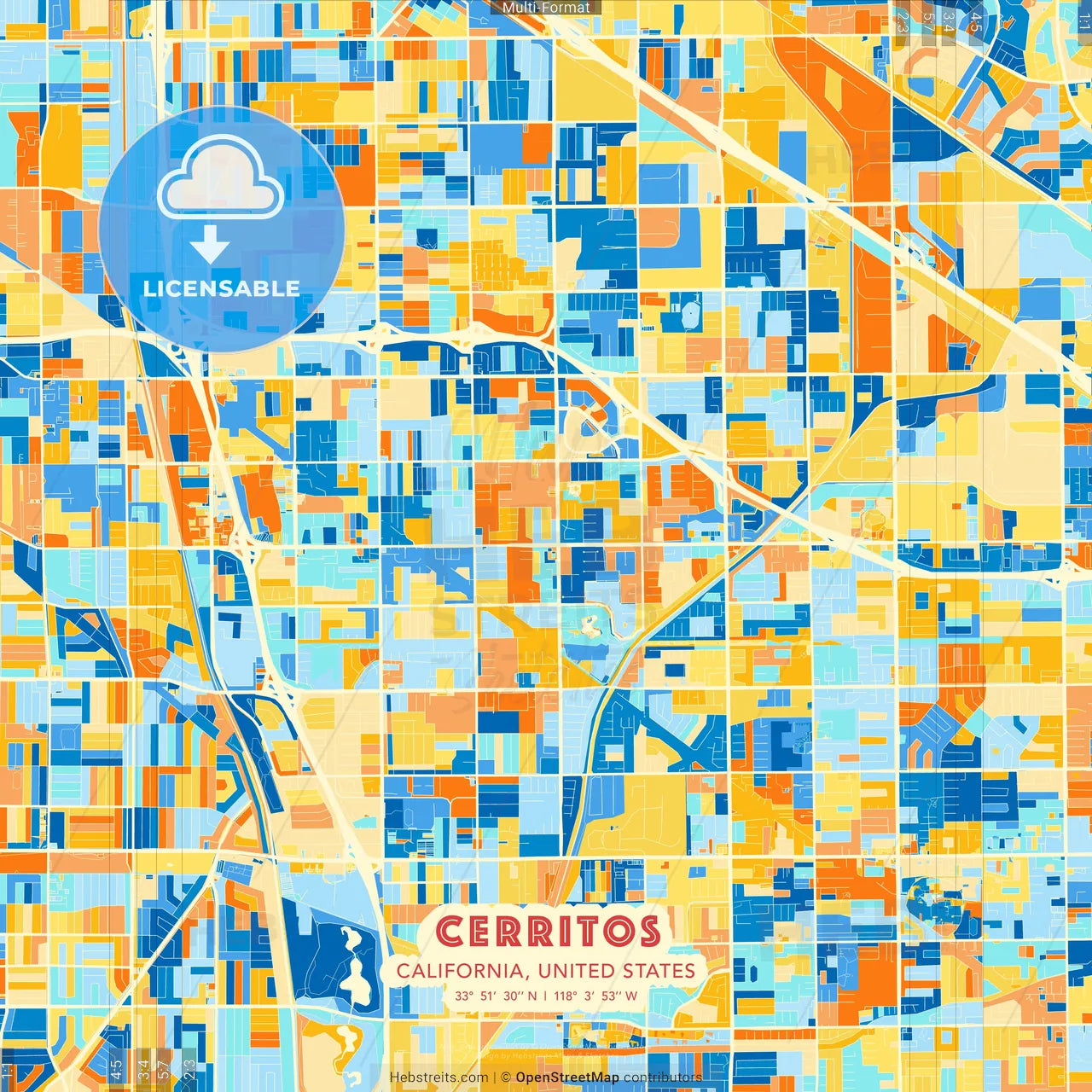 Cerritos, California, United States blue and orange vector art map template