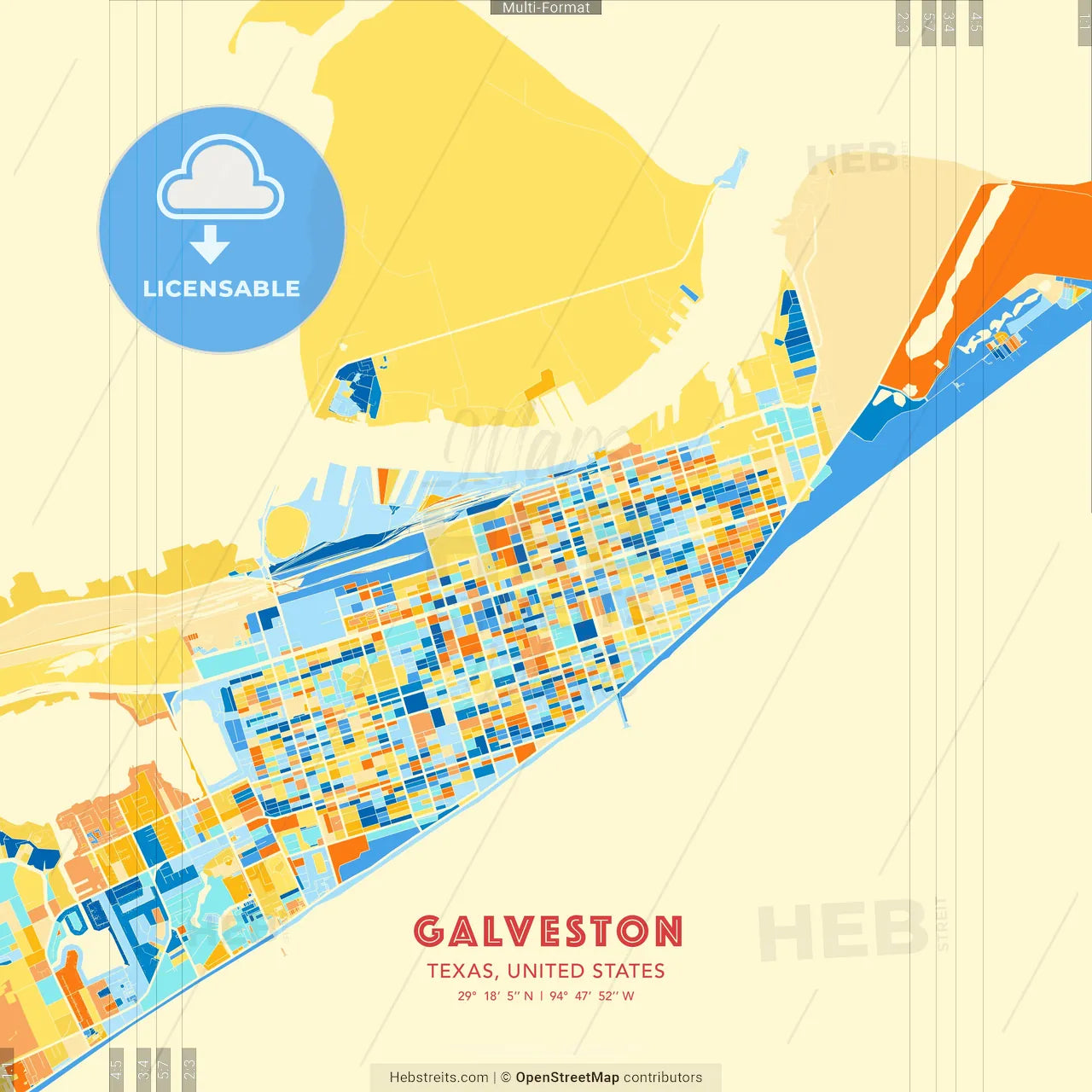 Galveston, Texas, United States blue and orange vector art map template