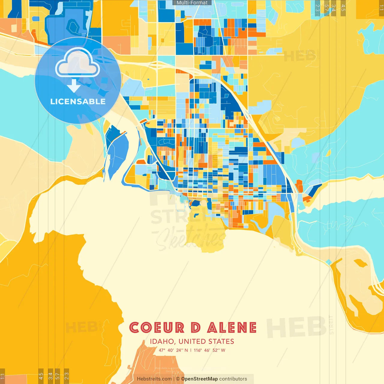Coeur d Alene, Idaho, United States blue and orange vector art map template