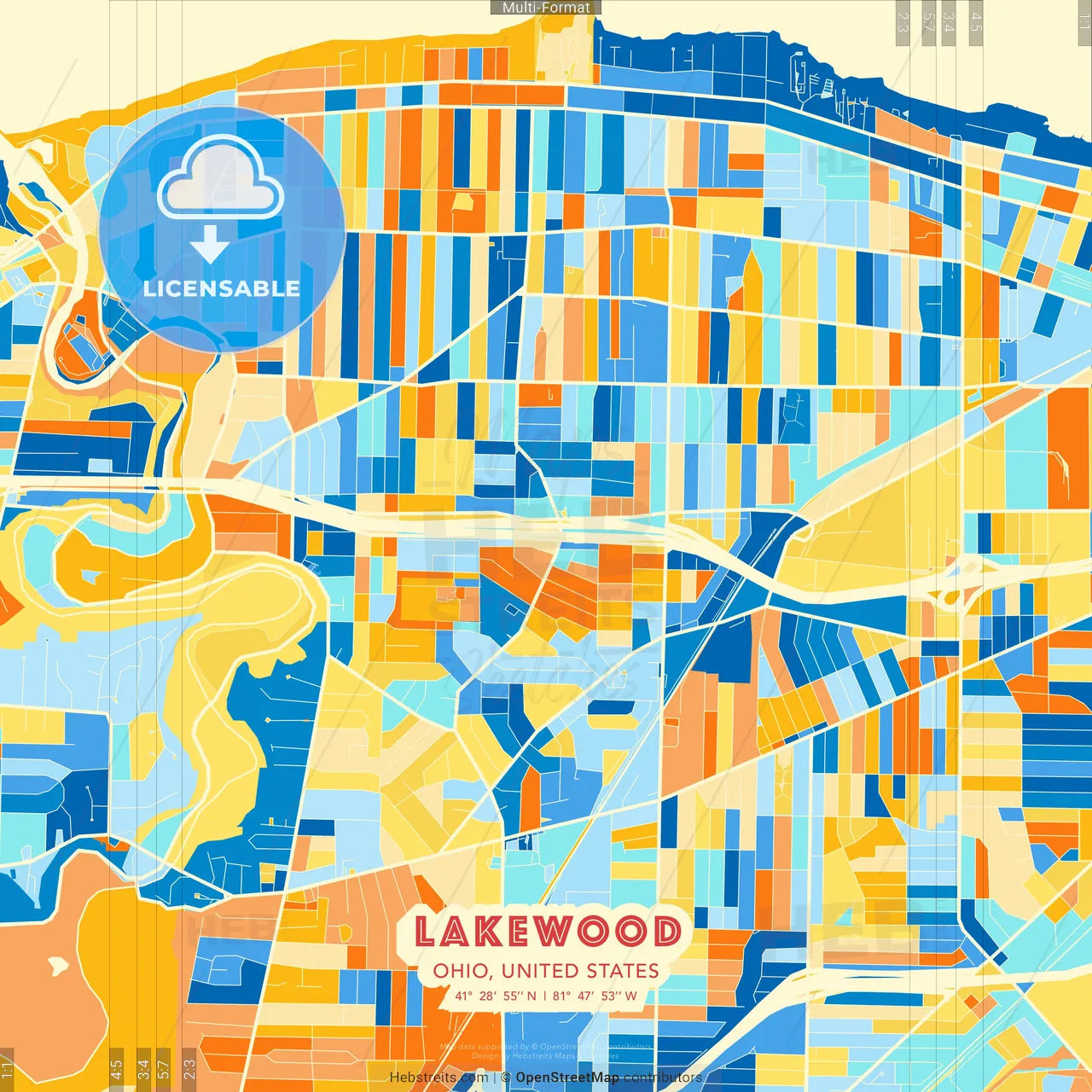 Lakewood, Ohio, United States blue and orange vector art map template