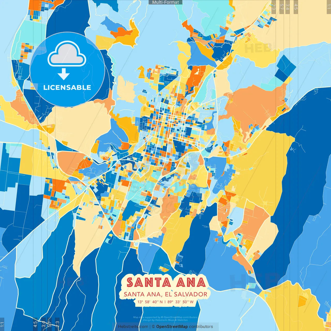Santa Ana, Santa Ana, El Salvador blue and orange vector art map template