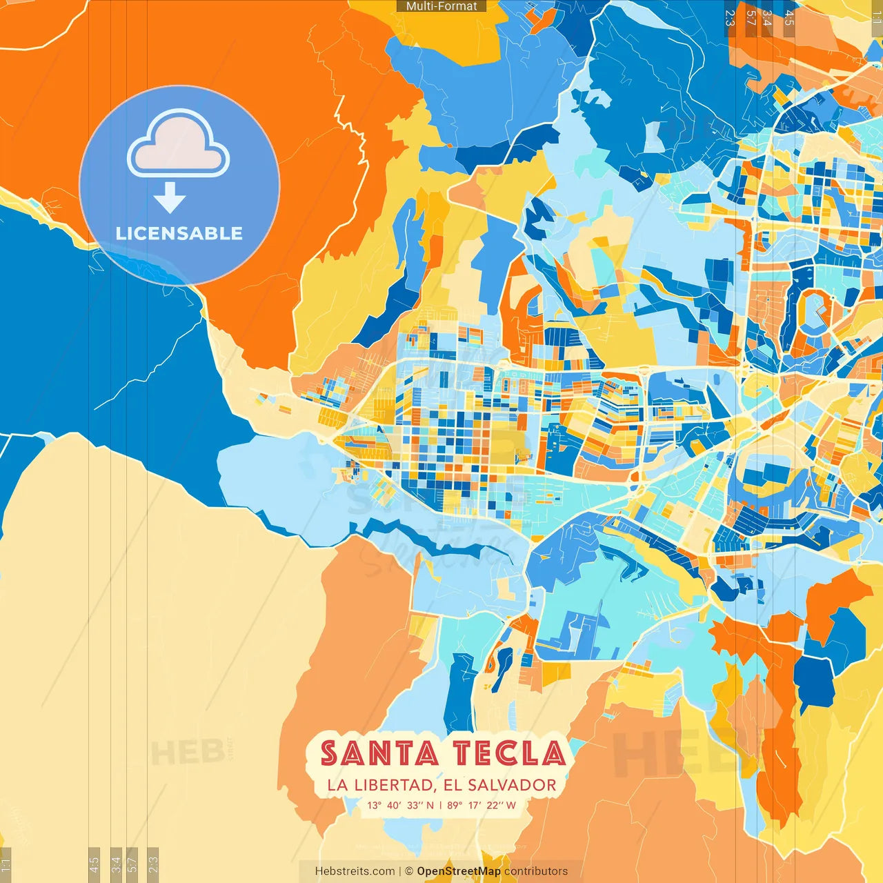 Santa Tecla, La Libertad, El Salvador blue and orange vector art map template
