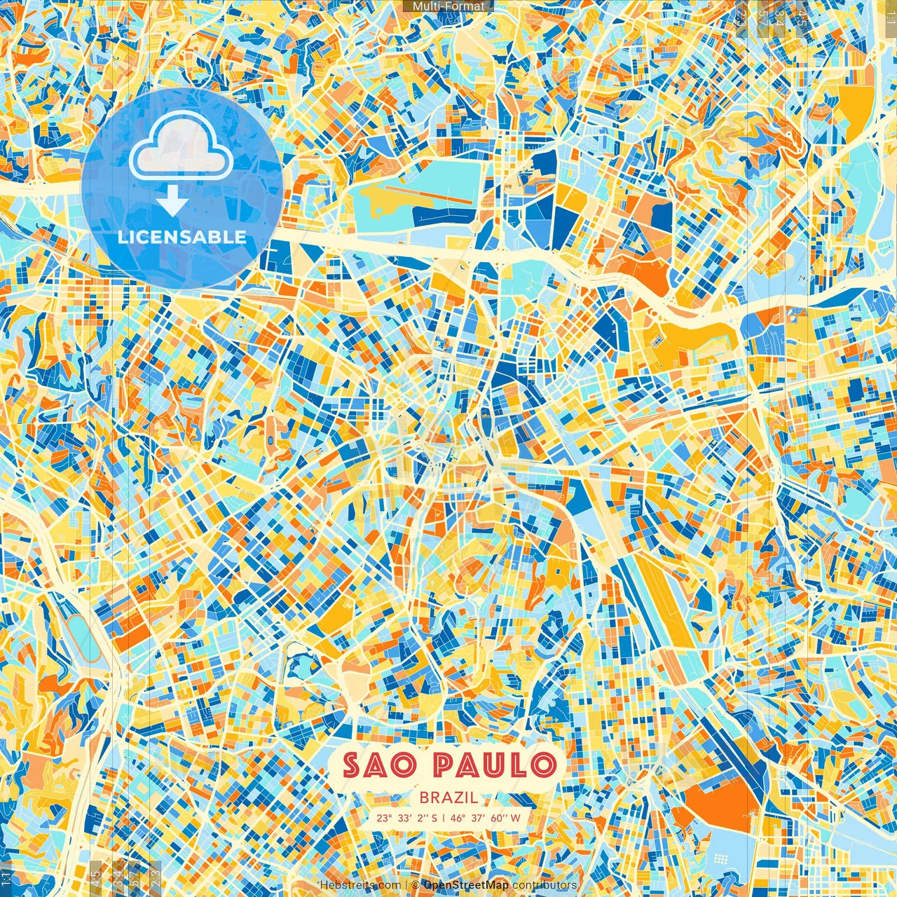 Sao Paulo, Brazil blue and orange vector art map template