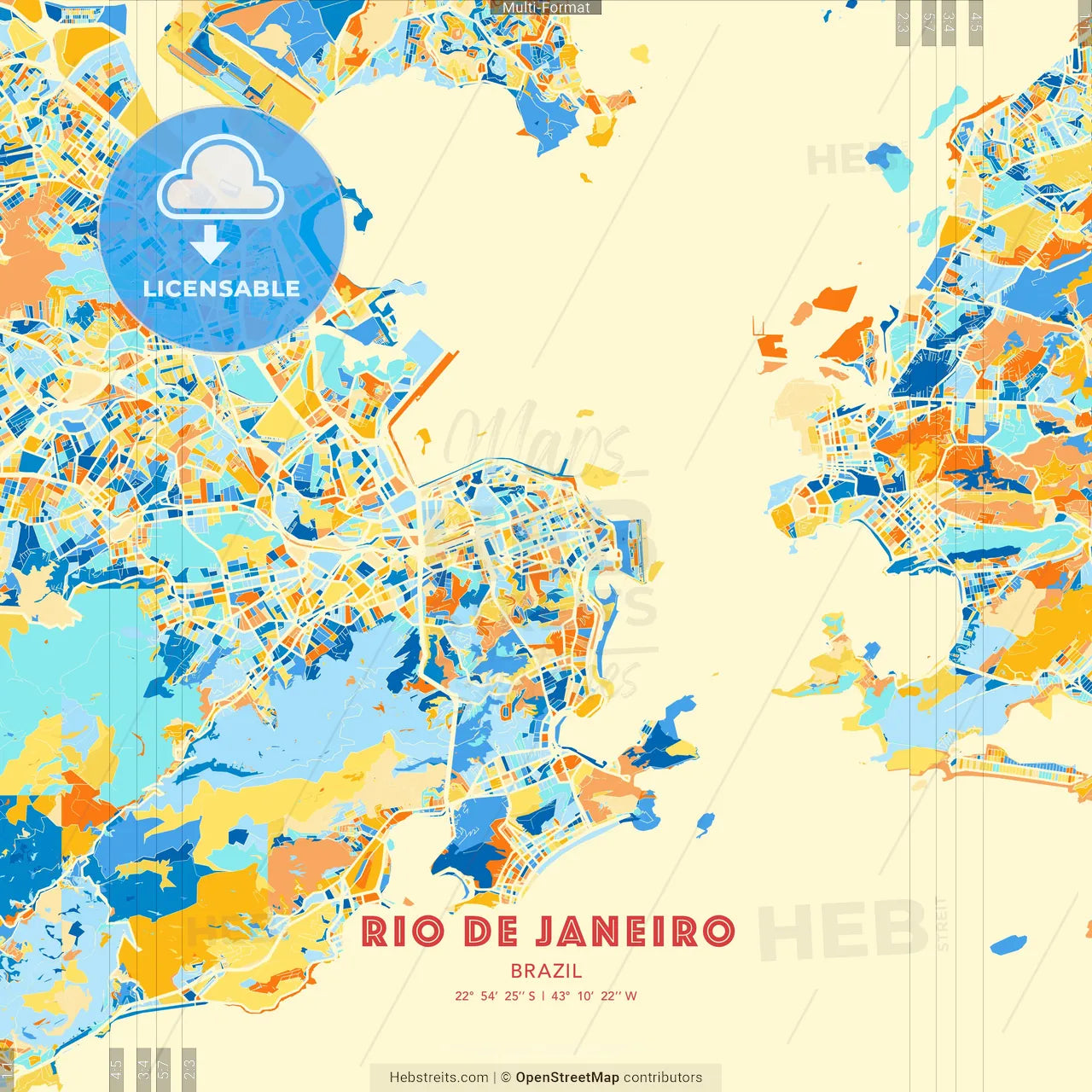 Rio de Janeiro, Brazil blue and orange vector art map template