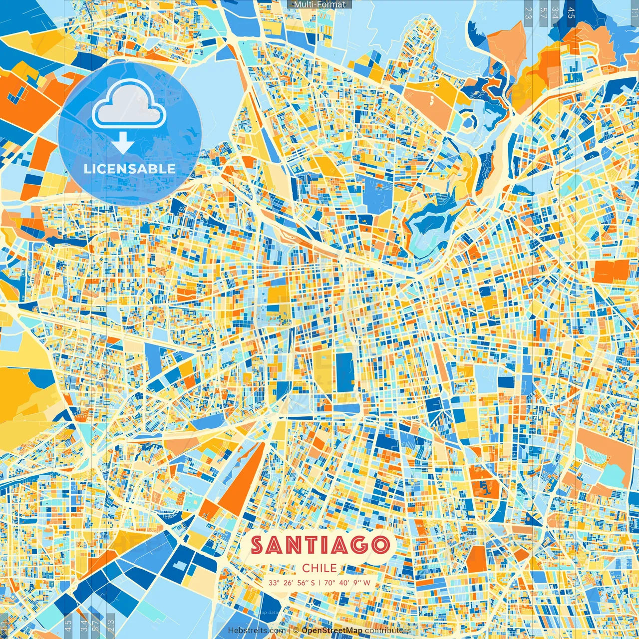 Santiago, Chile blue and orange vector art map template