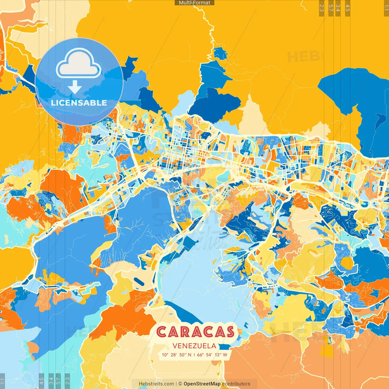 Caracas, Venezuela blue and orange vector art map template