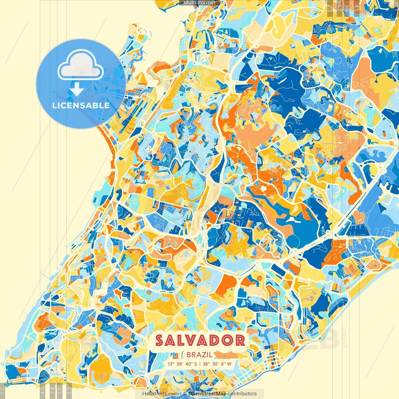 Salvador, Brazil blue and orange vector art map template