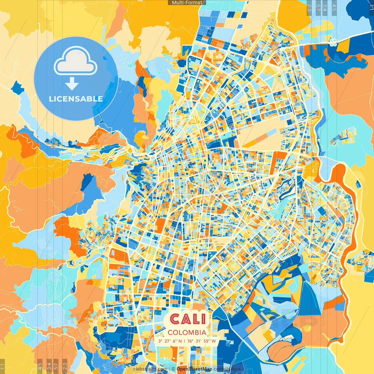Cali, Colombia blue and orange vector art map template