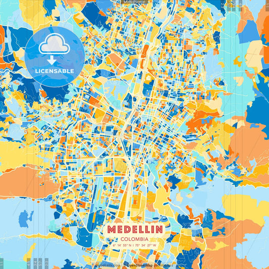Medellin, Colombia blue and orange vector art map template
