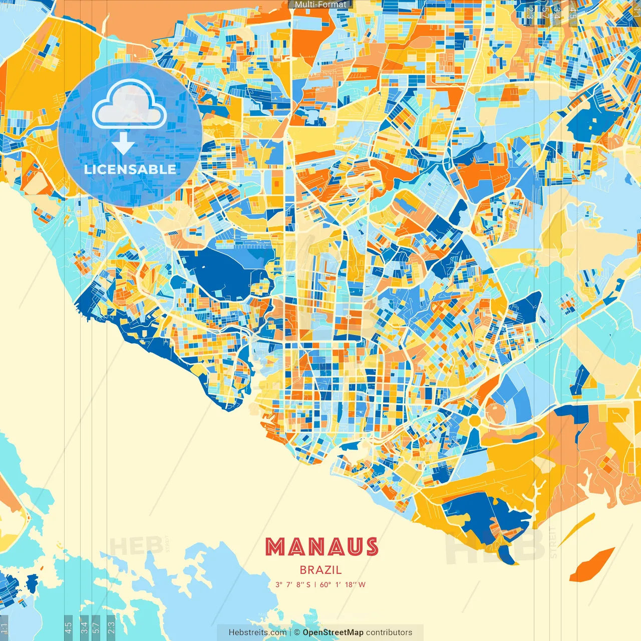 Manaus, Brazil blue and orange vector art map template