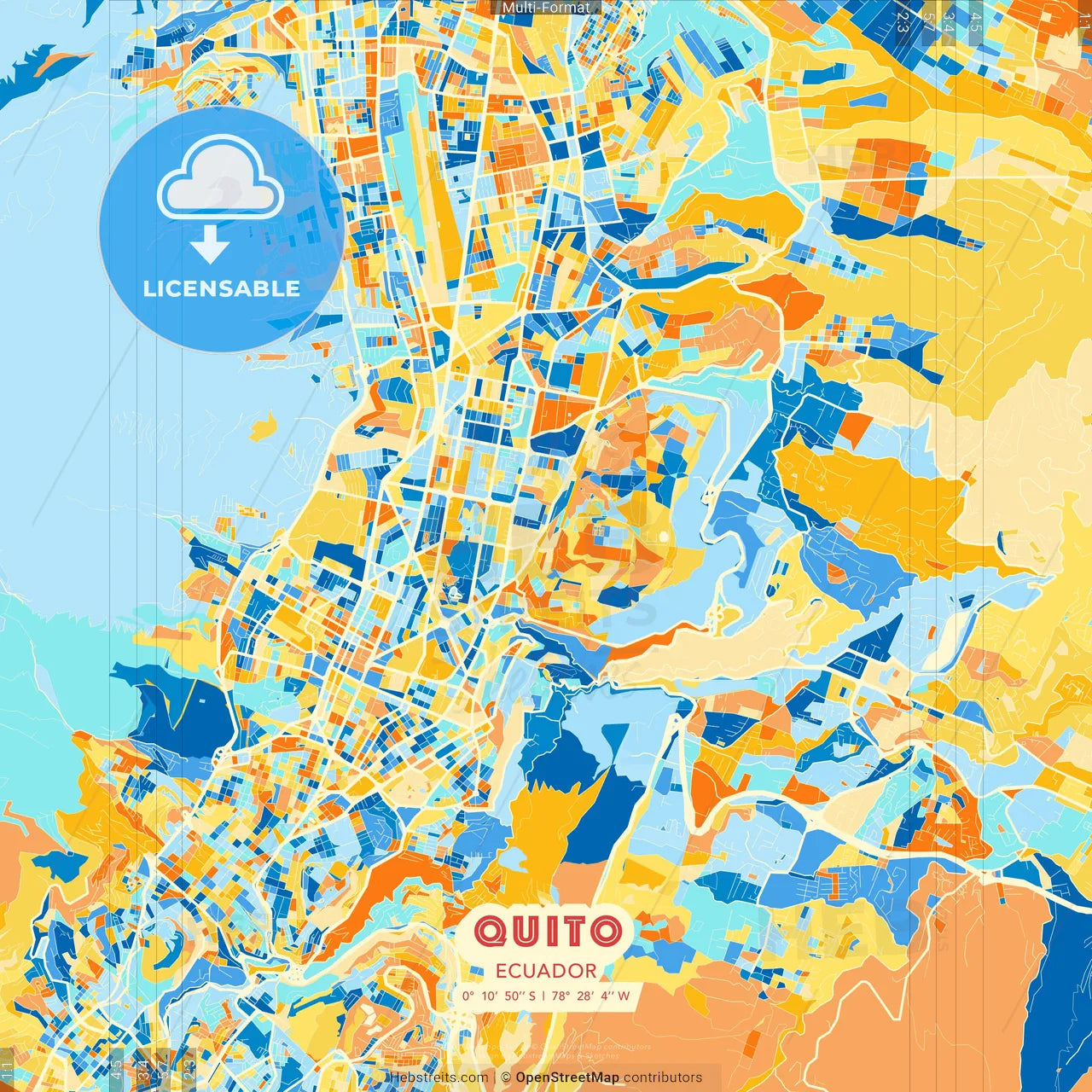 Quito, Ecuador blue and orange vector art map template
