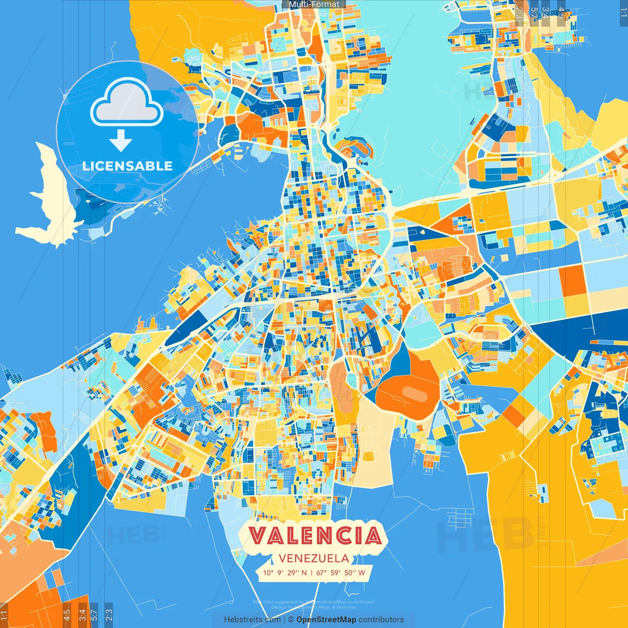 Valencia, Venezuela blue and orange vector art map template