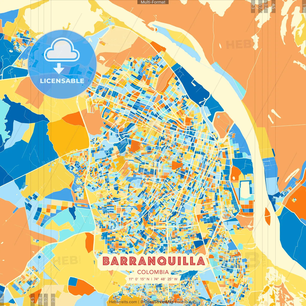 Barranquilla, Colombia blue and orange vector art map template