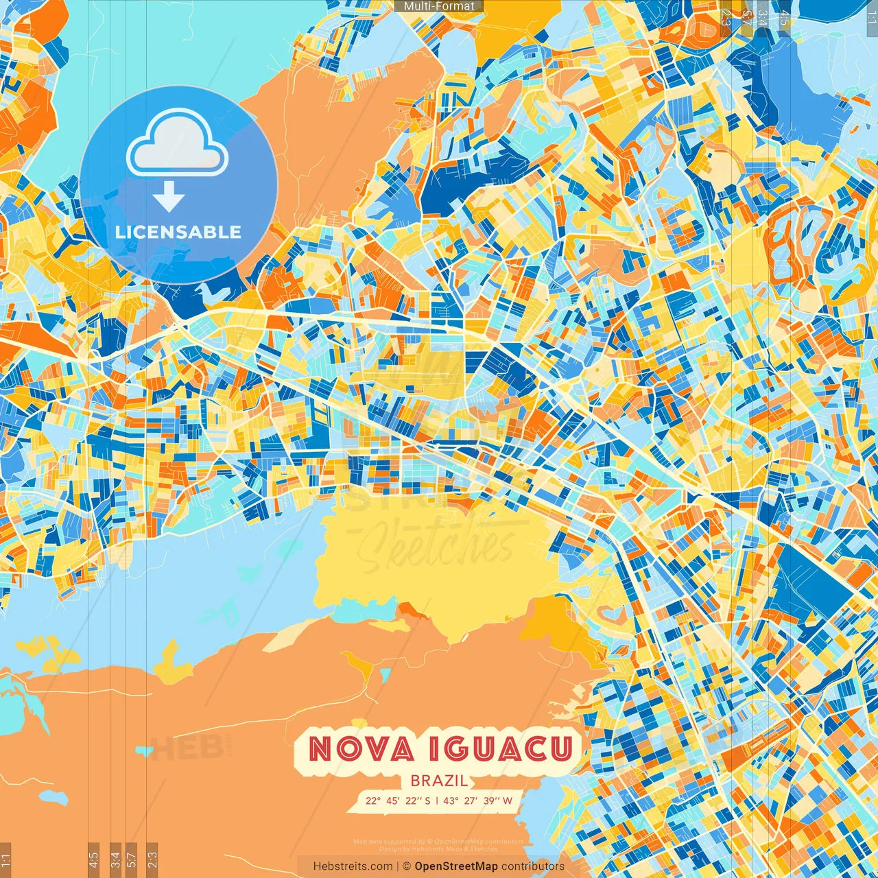 Nova Iguacu, Brazil blue and orange vector art map template