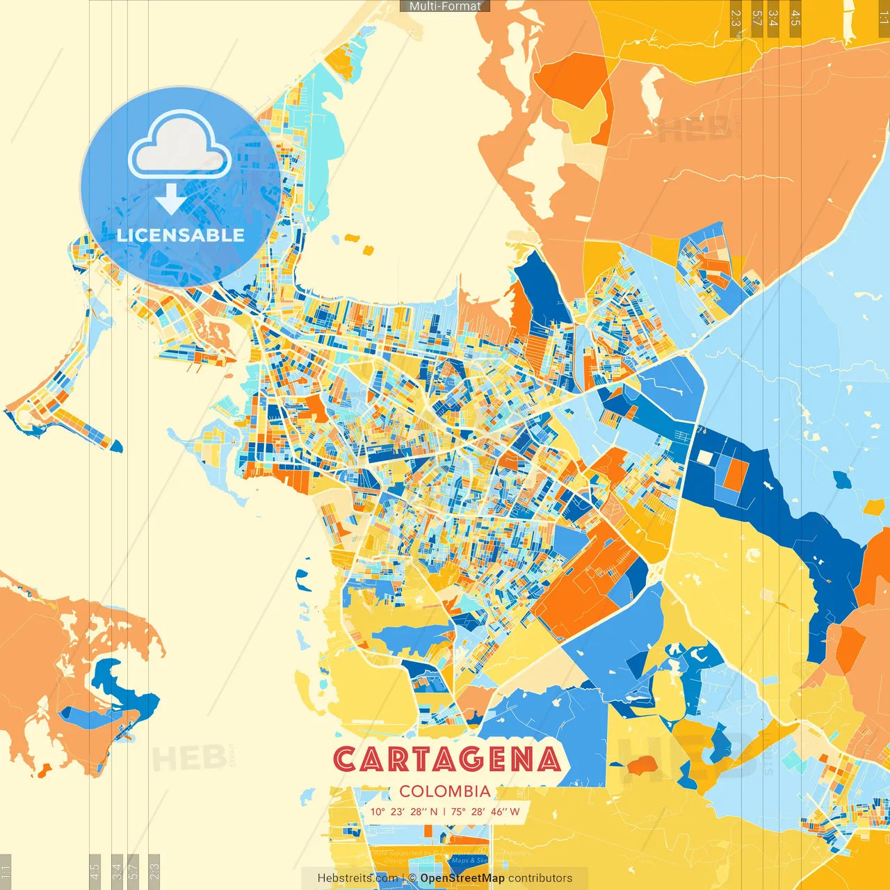 Cartagena, Colombia blue and orange vector art map template