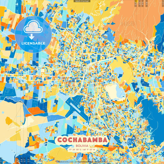 Cochabamba, Bolivia blue and orange vector art map template