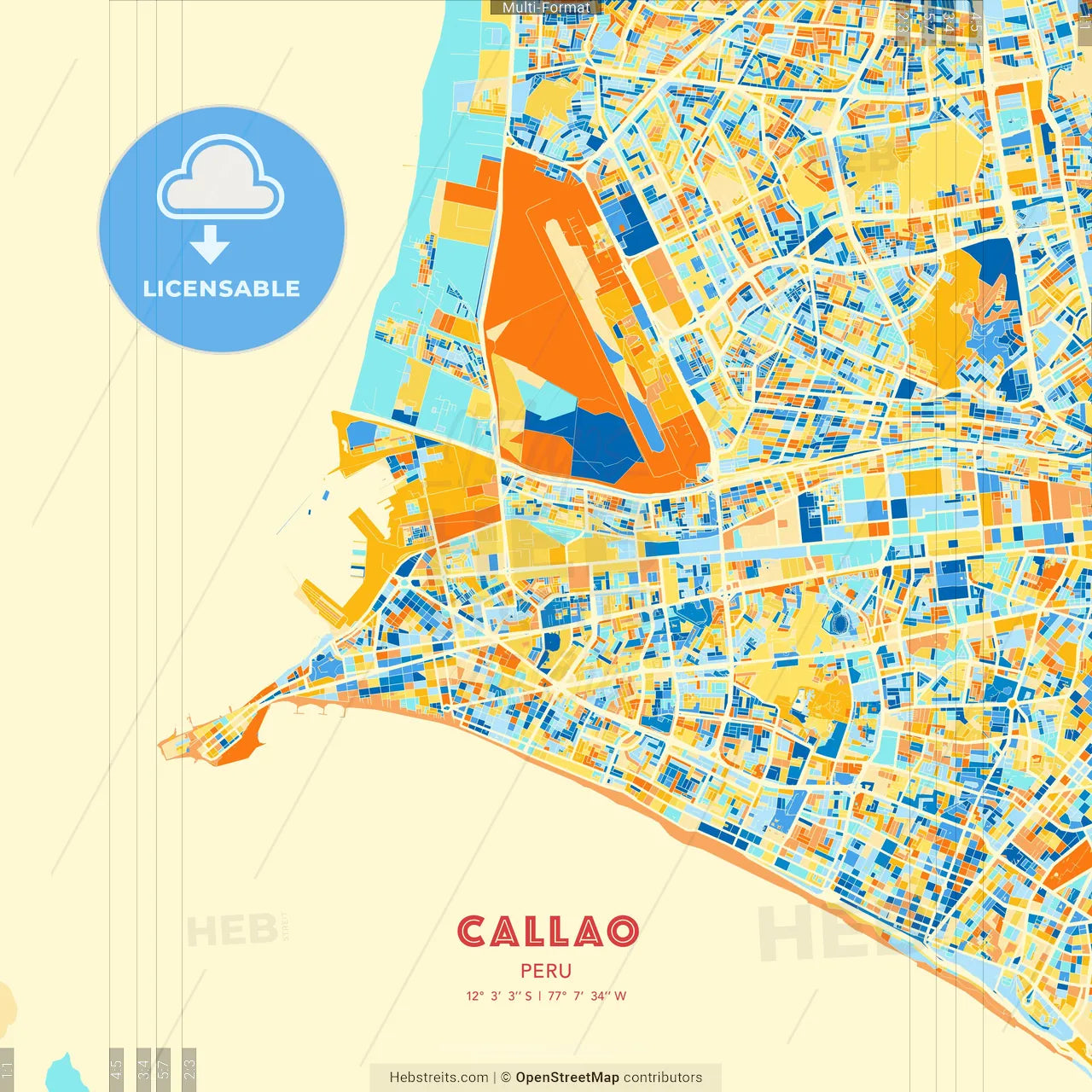 Callao, Peru blue and orange vector art map template