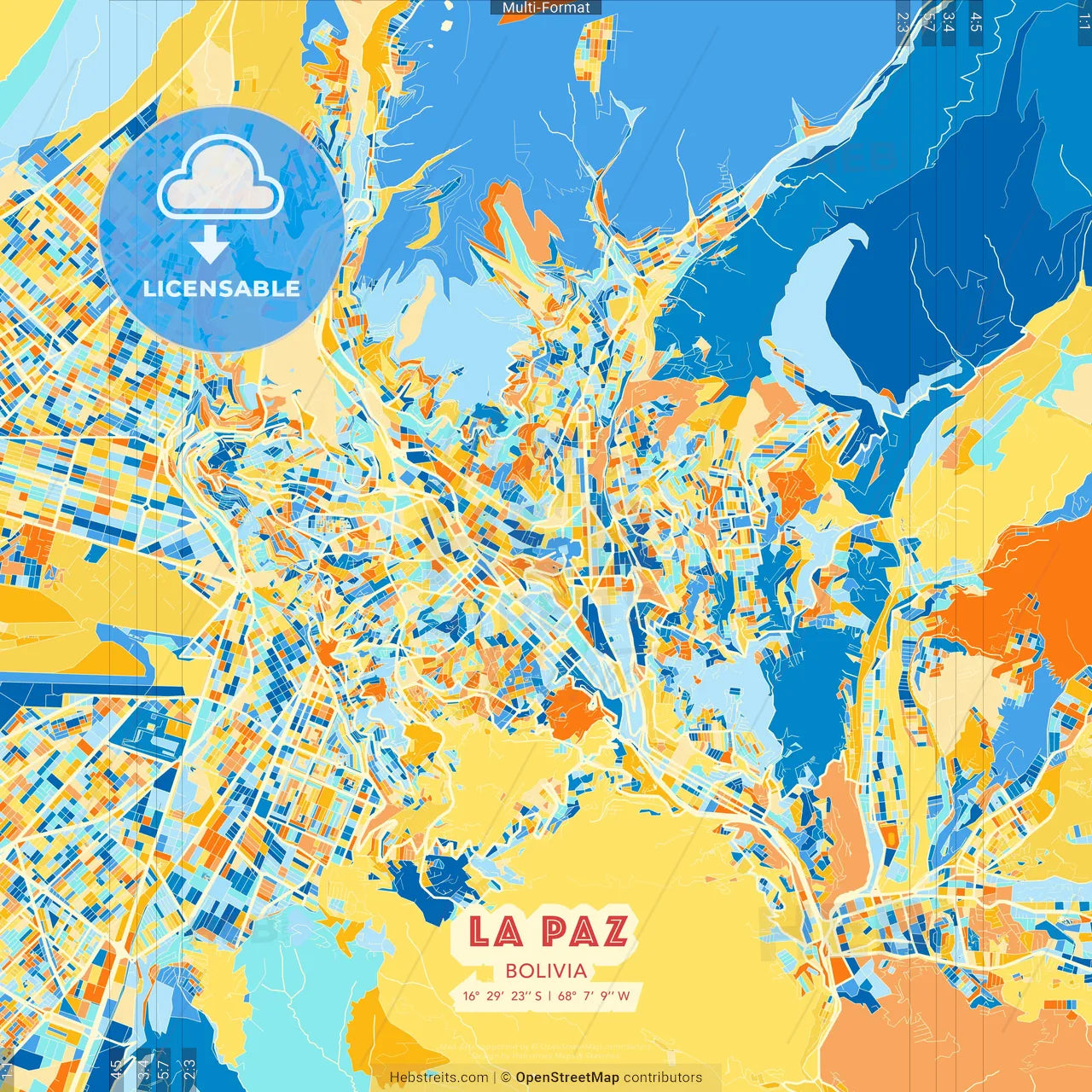La Paz, Bolivia blue and orange vector art map template