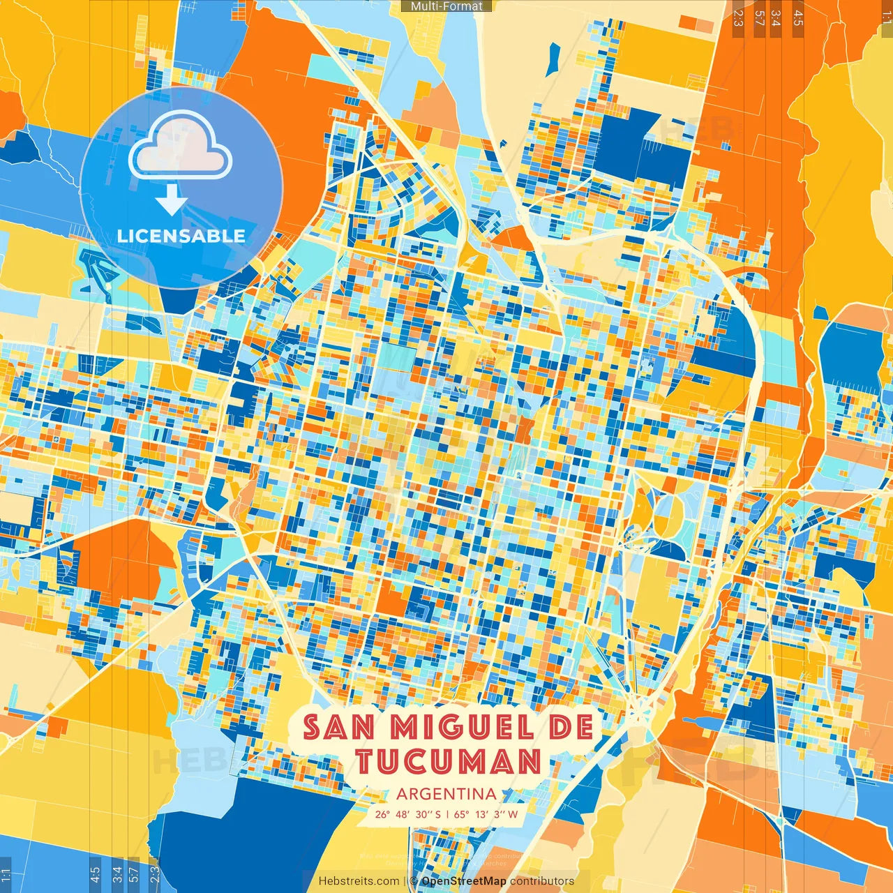 San Miguel de Tucuman, Argentina blue and orange vector art map template