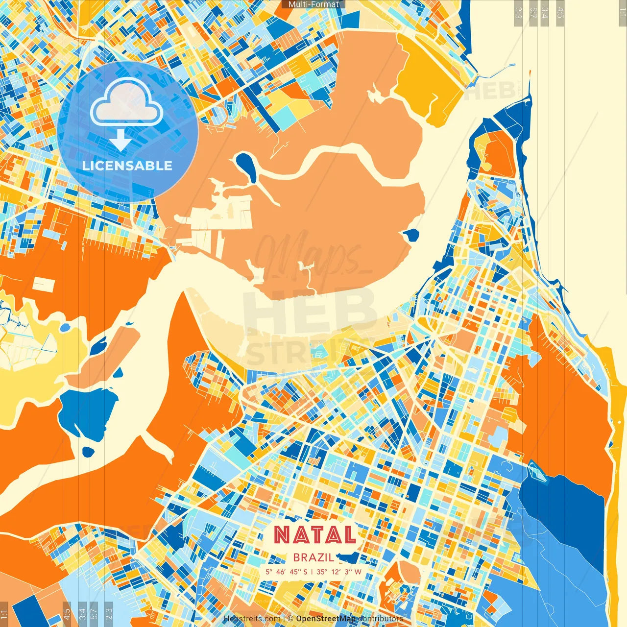 Natal, Brazil blue and orange vector art map template