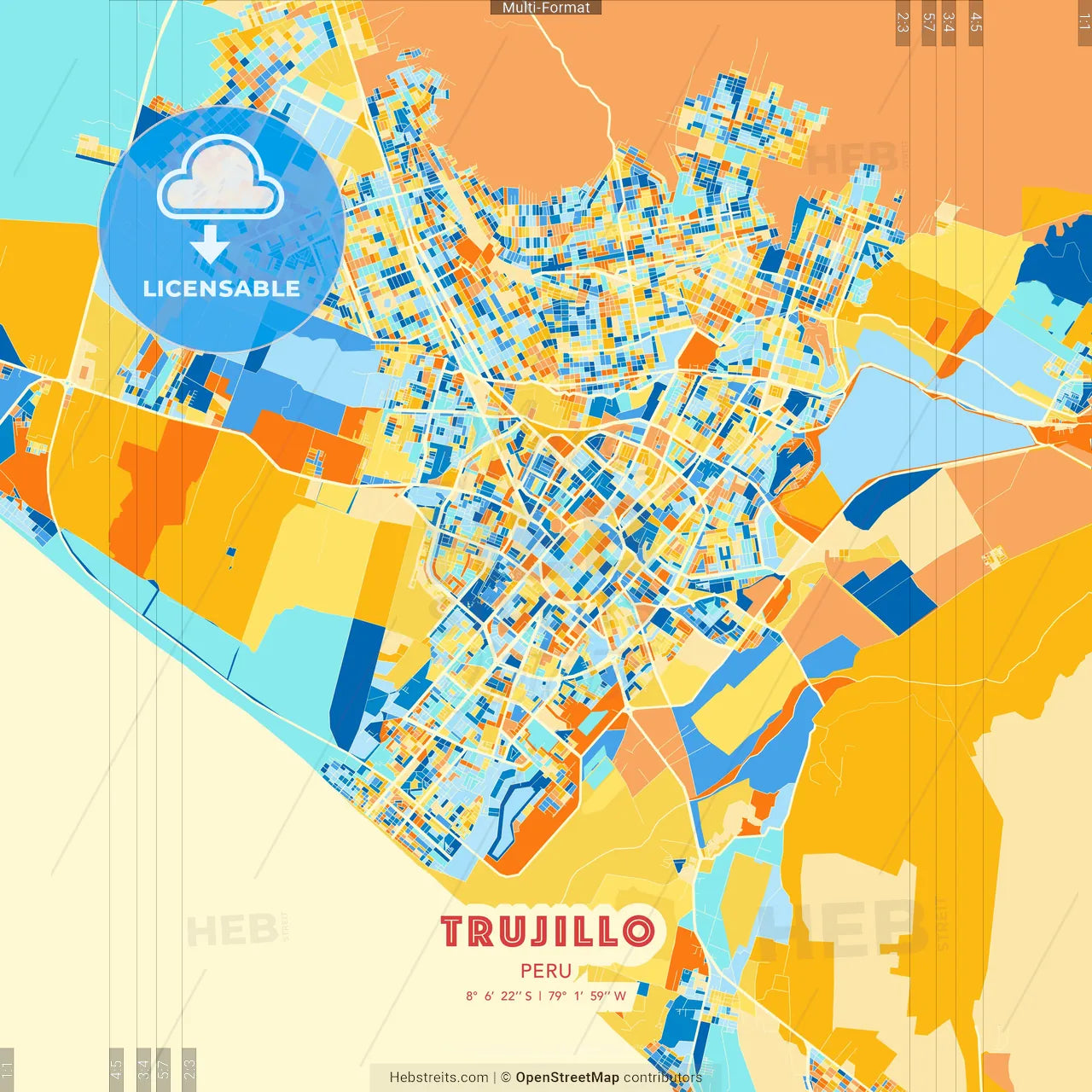Trujillo, Peru blue and orange vector art map template
