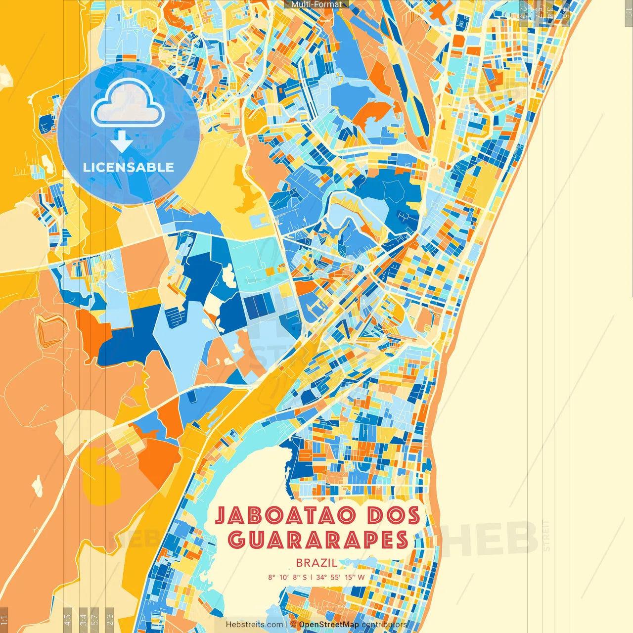Jaboatao dos Guararapes, Brazil blue and orange vector art map template