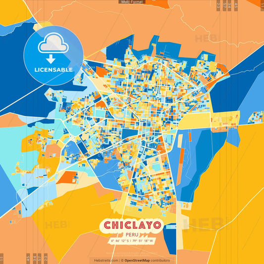 Chiclayo, Peru blue and orange vector art map template