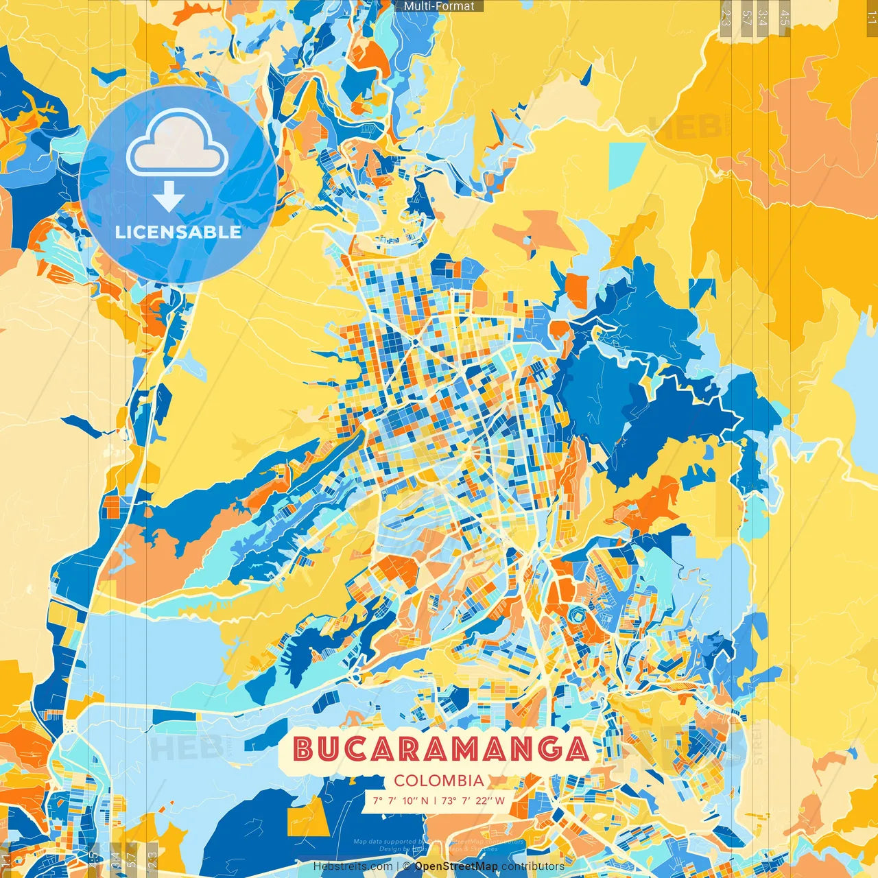 Bucaramanga, Colombia blue and orange vector art map template