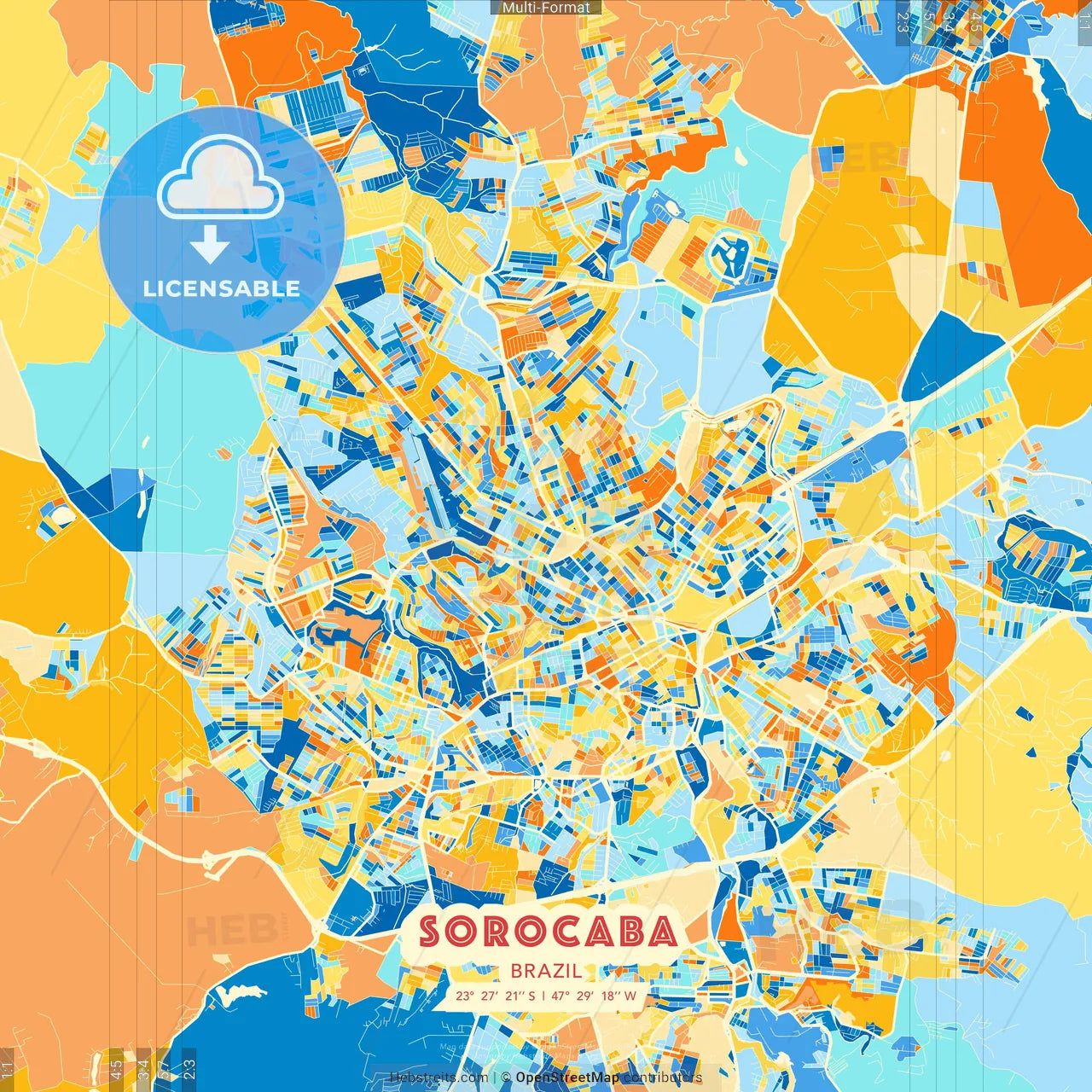 Sorocaba, Brazil blue and orange vector art map template