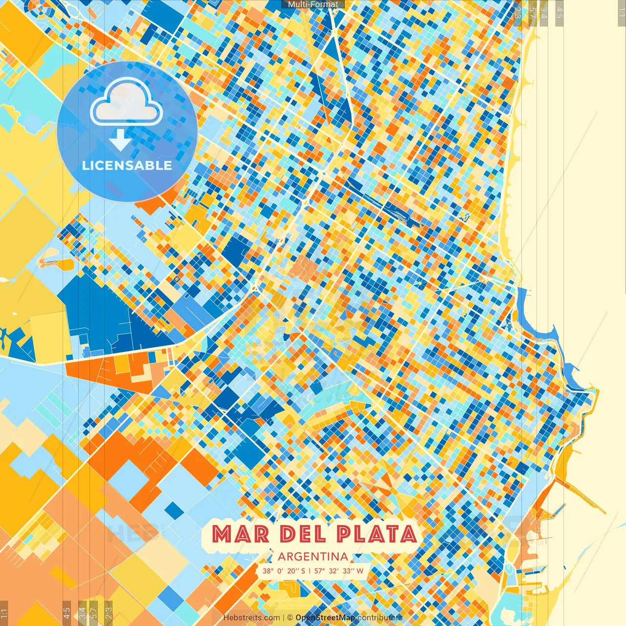 Mar del Plata, Argentina blue and orange vector art map template