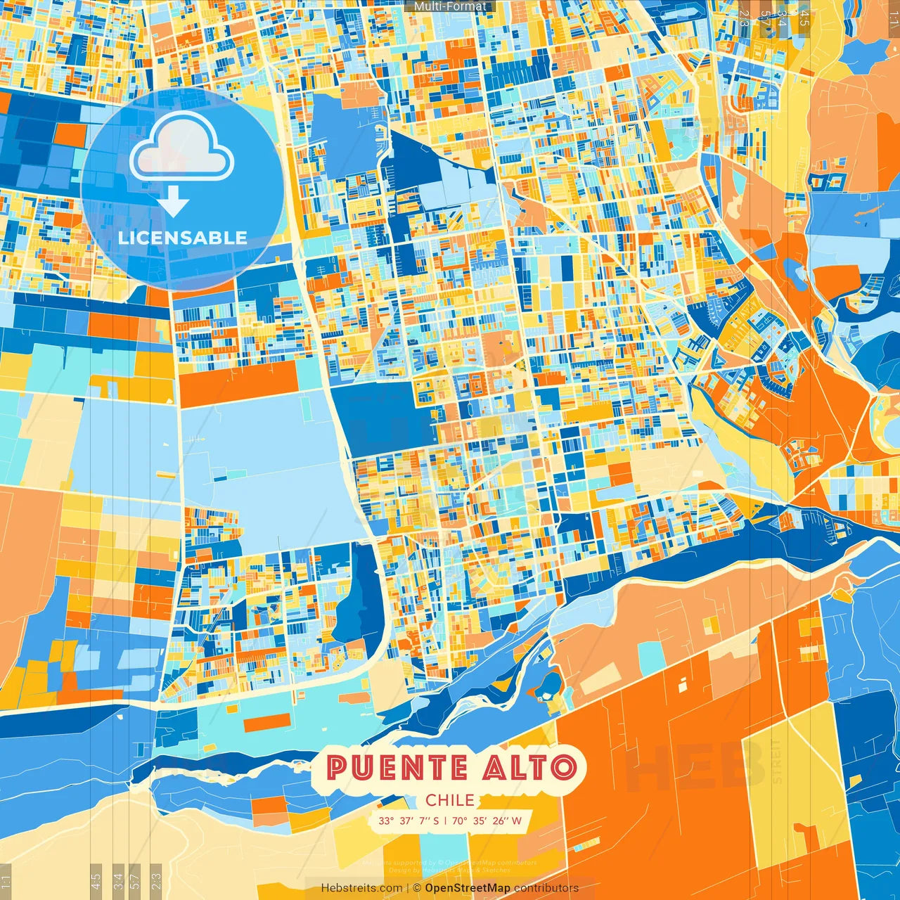 Puente Alto, Chile blue and orange vector art map template