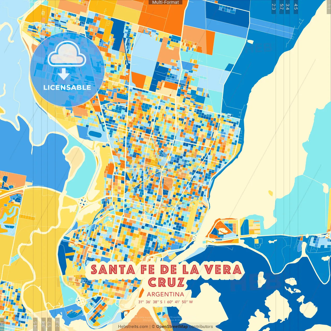 Santa Fe de la Vera Cruz, Argentina blue and orange vector art map template