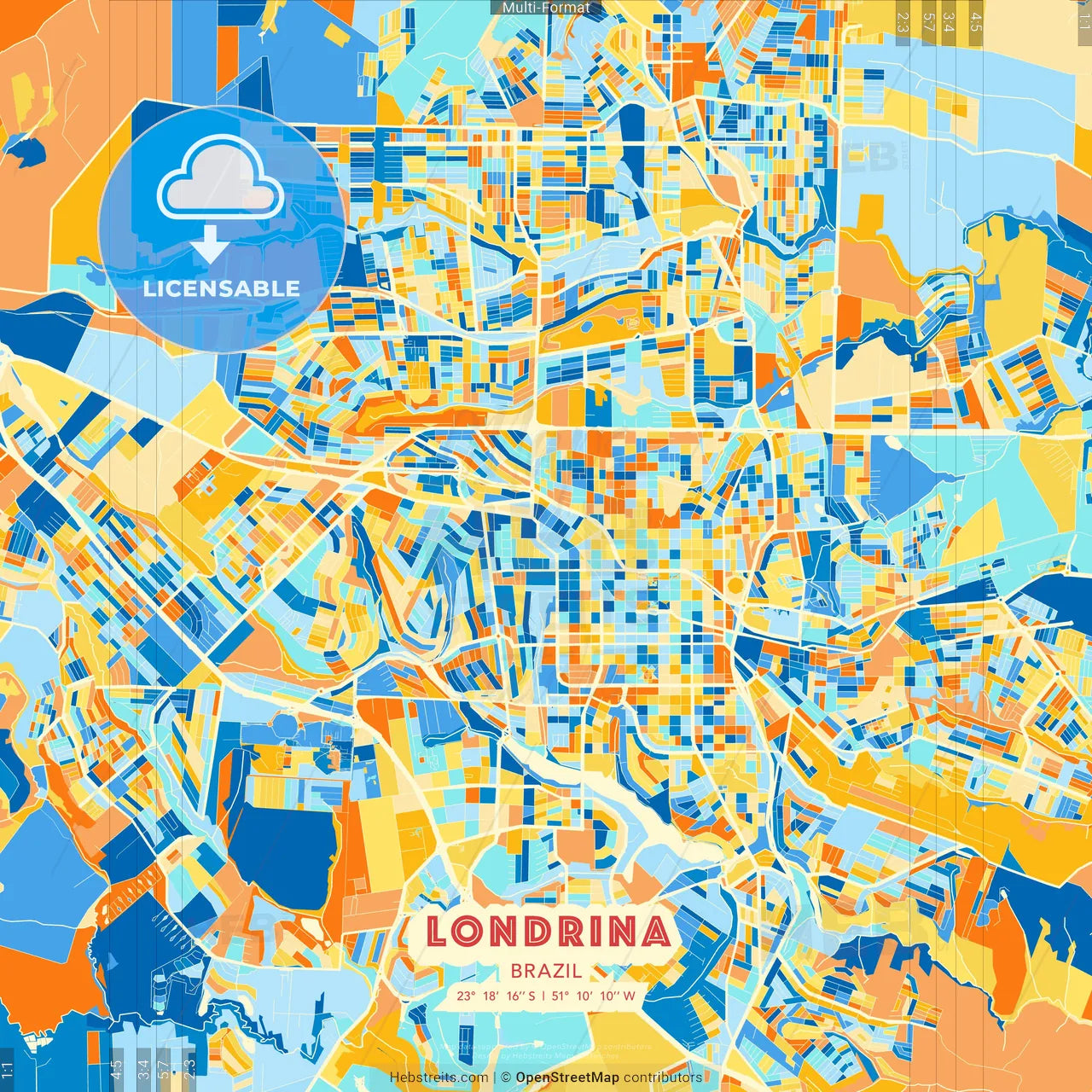 Londrina, Brazil blue and orange vector art map template