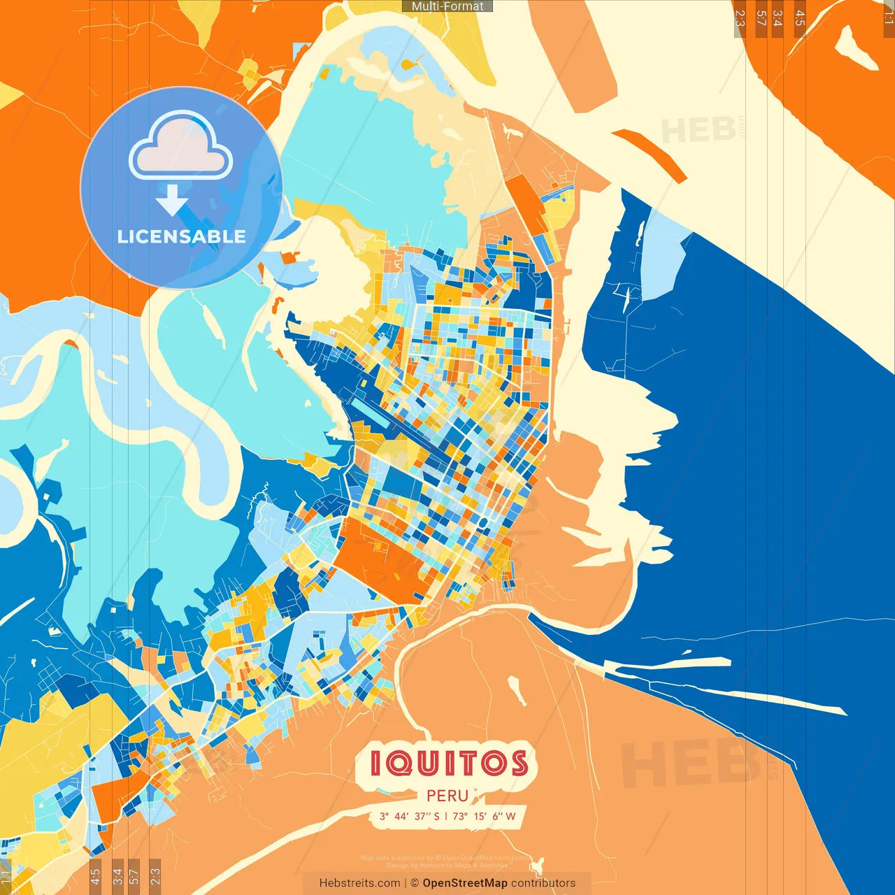 Iquitos, Peru blue and orange vector art map template