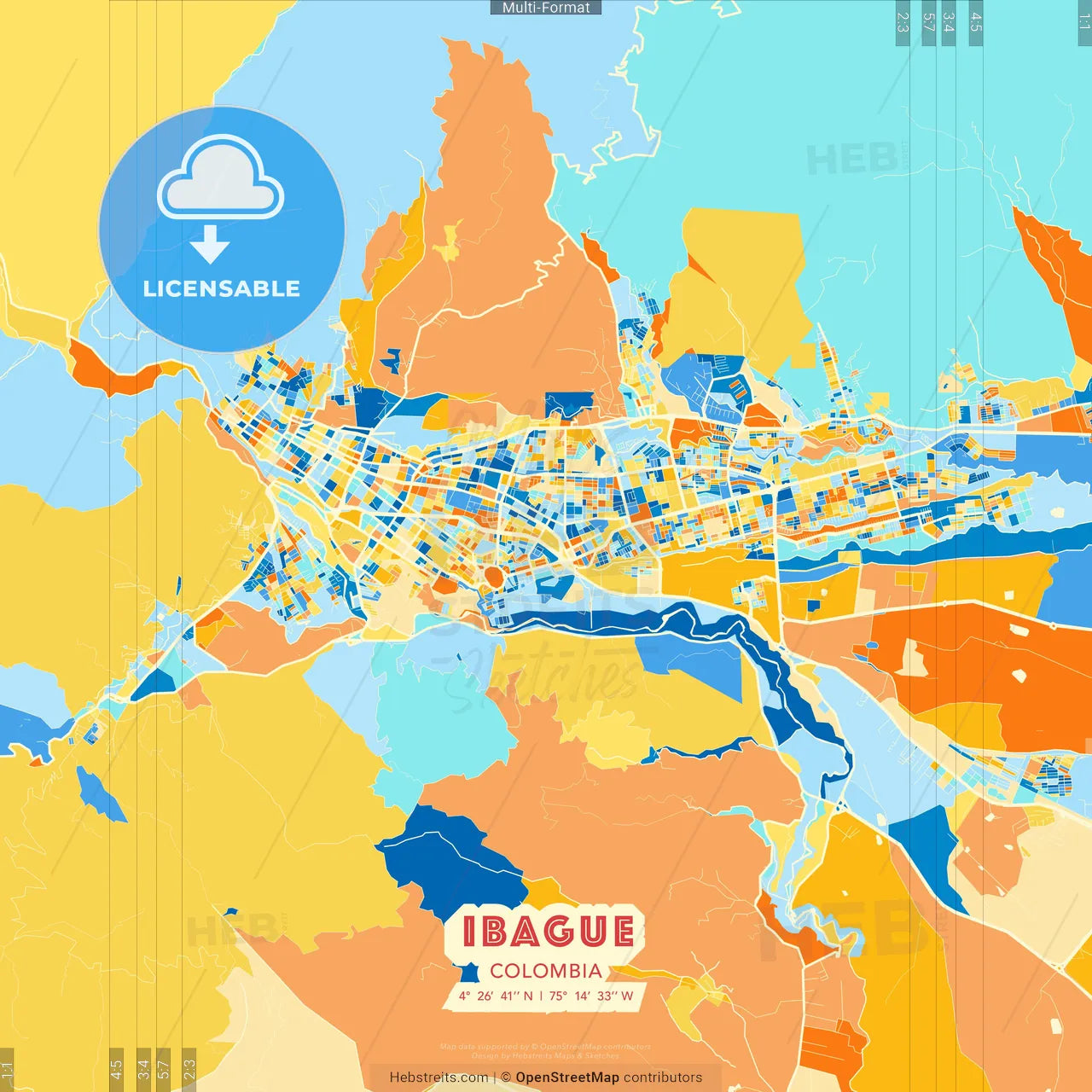 Ibague, Colombia blue and orange vector art map template