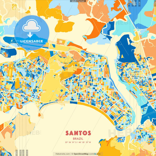 Santos, Brazil blue and orange vector art map template