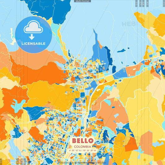 Bello, Colombia blue and orange vector art map template