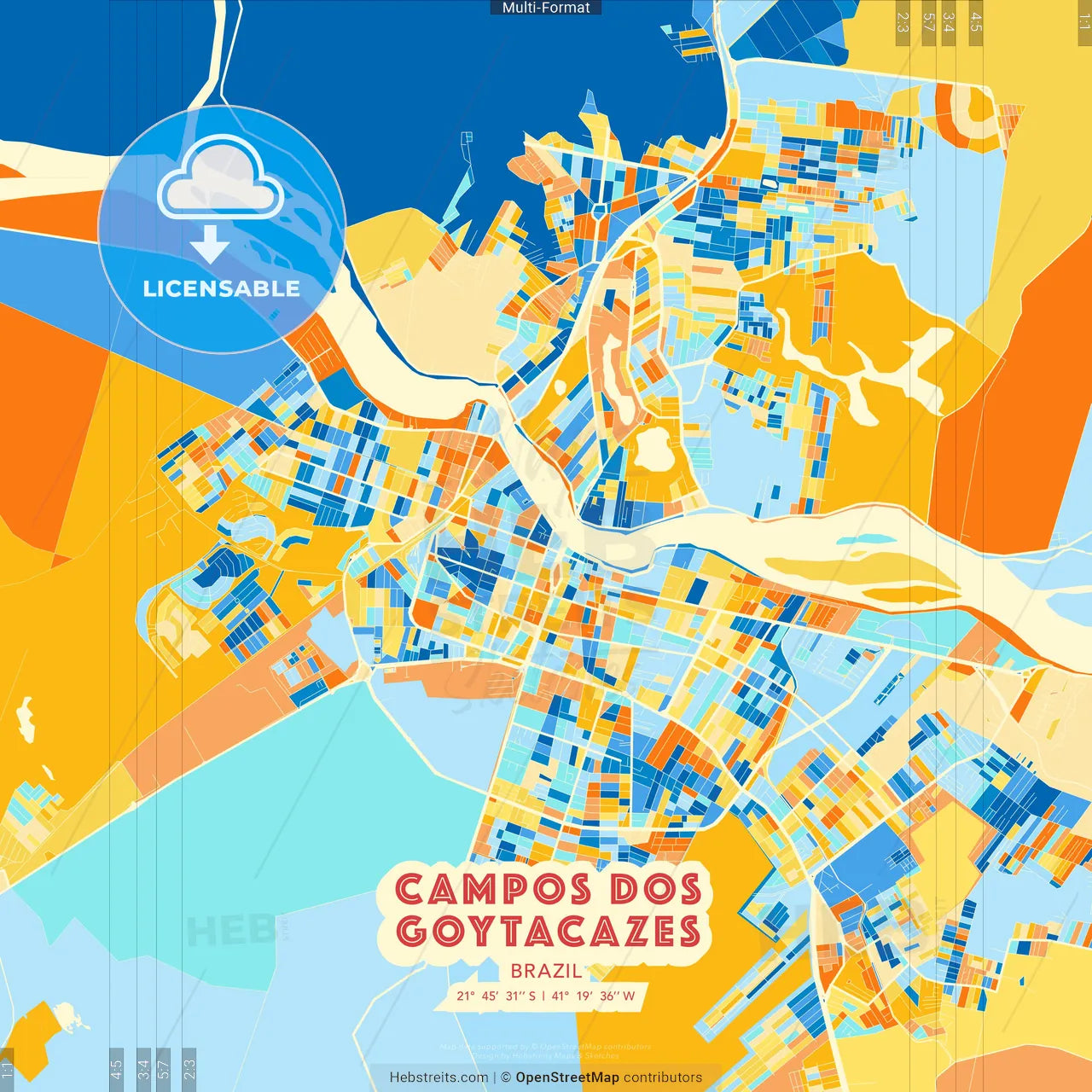 Campos dos Goytacazes, Brazil blue and orange vector art map template