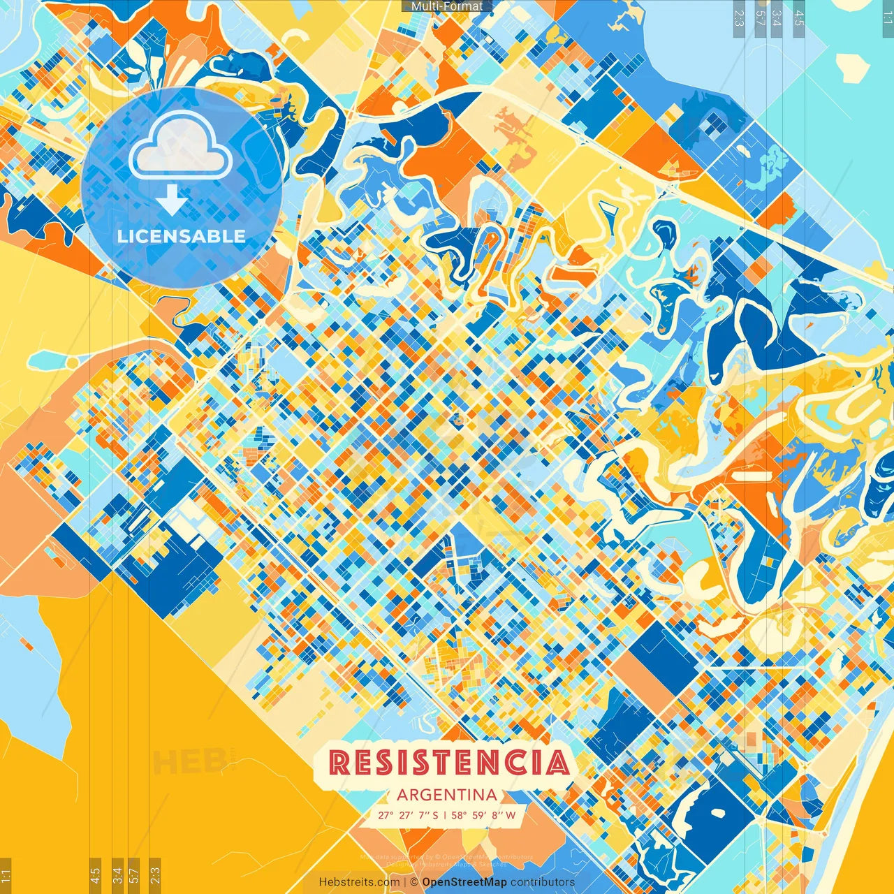 Resistencia, Argentina blue and orange vector art map template
