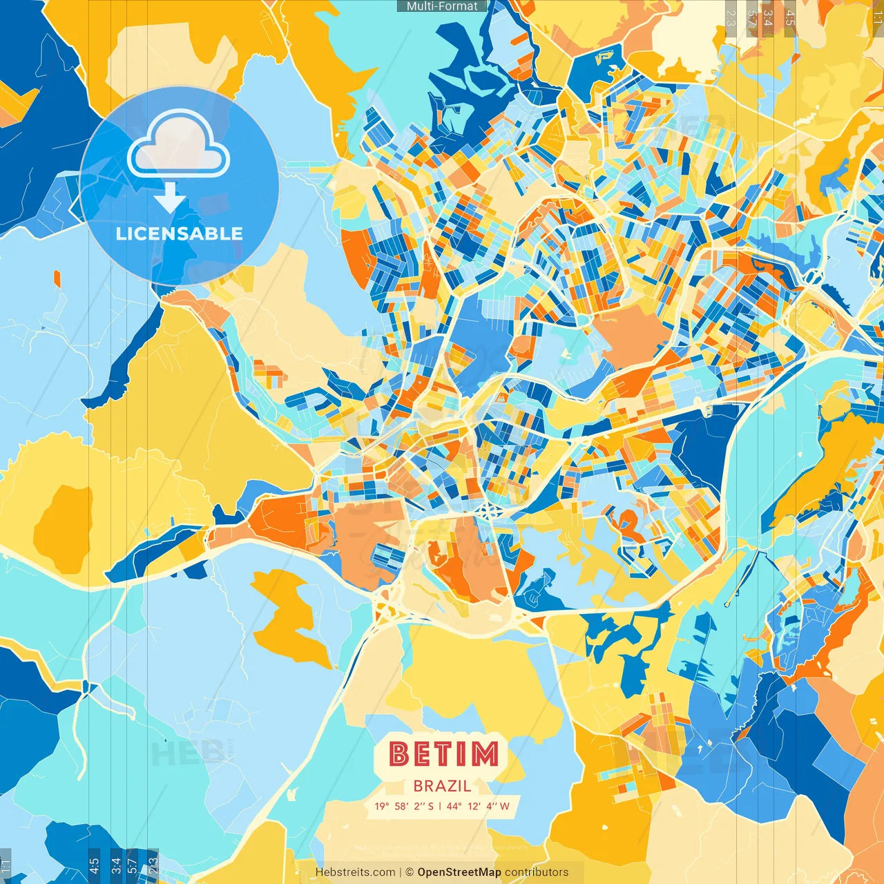 Betim, Brazil blue and orange vector art map template